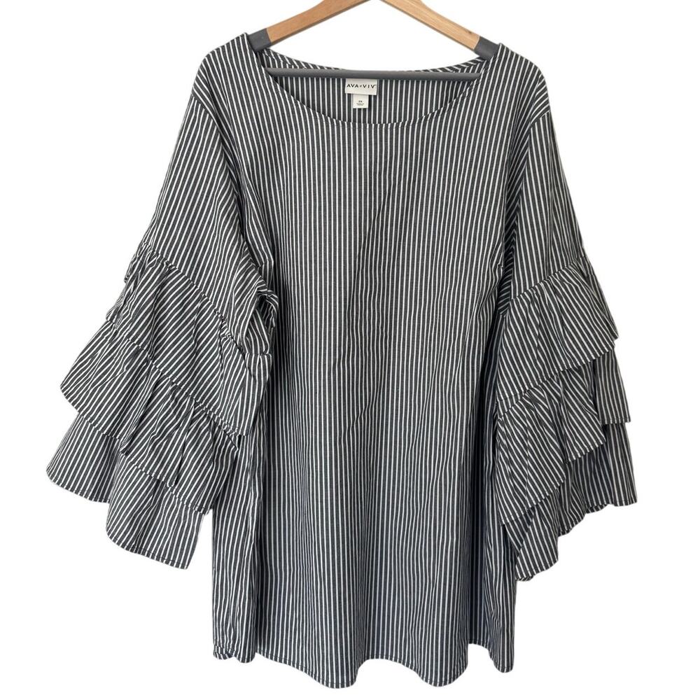 Ava & Viv Black and White Pinstripe Ruffle Sleeve Tunic